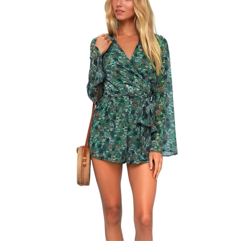 The Fifth Label Kelly Green Floral Print Long Sleeve Wrap Romper